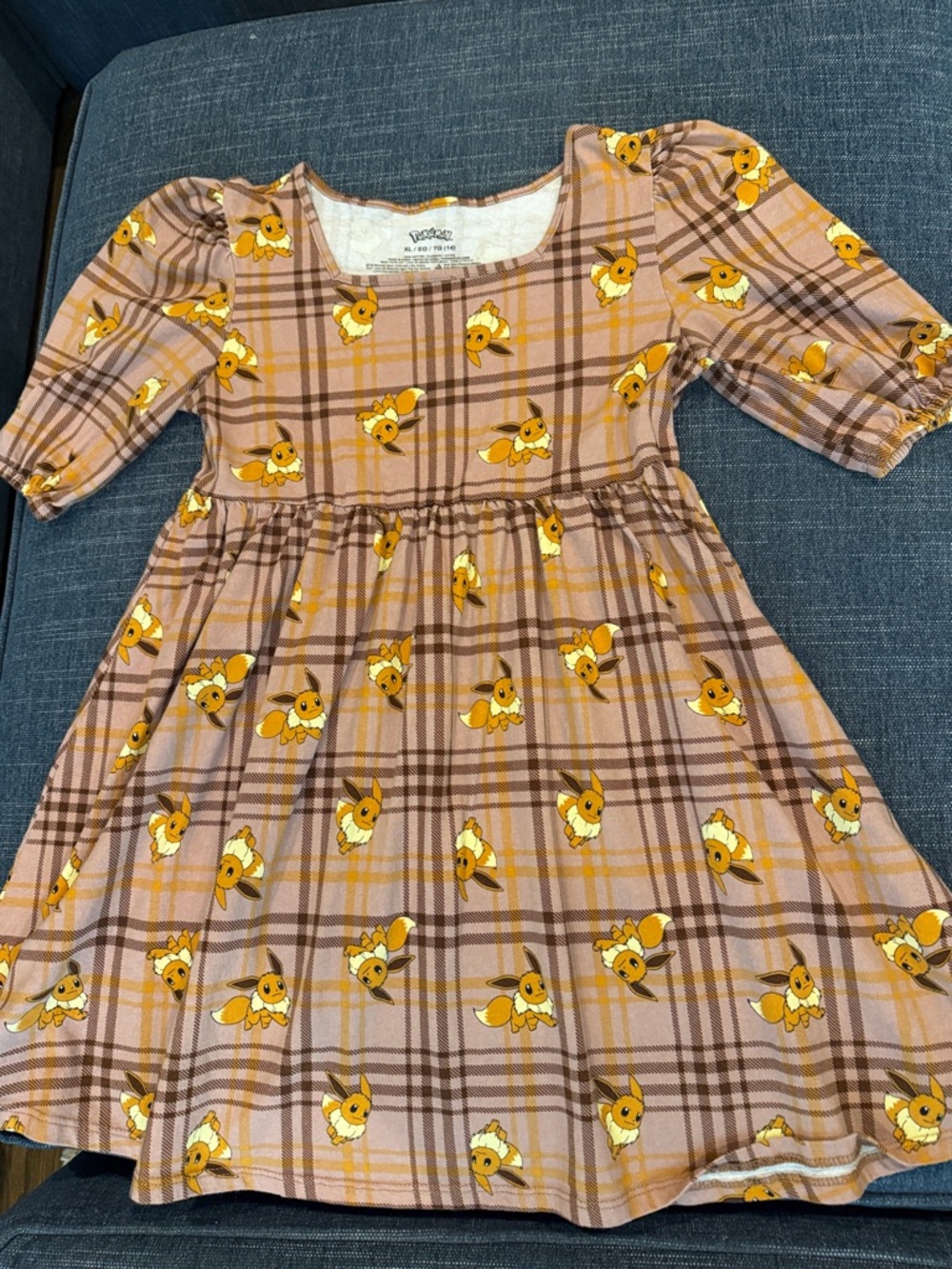 Pokemon Plaid Eevee Print Kids Dress Size XL/14 - Pink & Brown